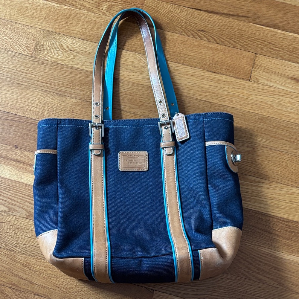 Coach Navy and Tan Denim Tote